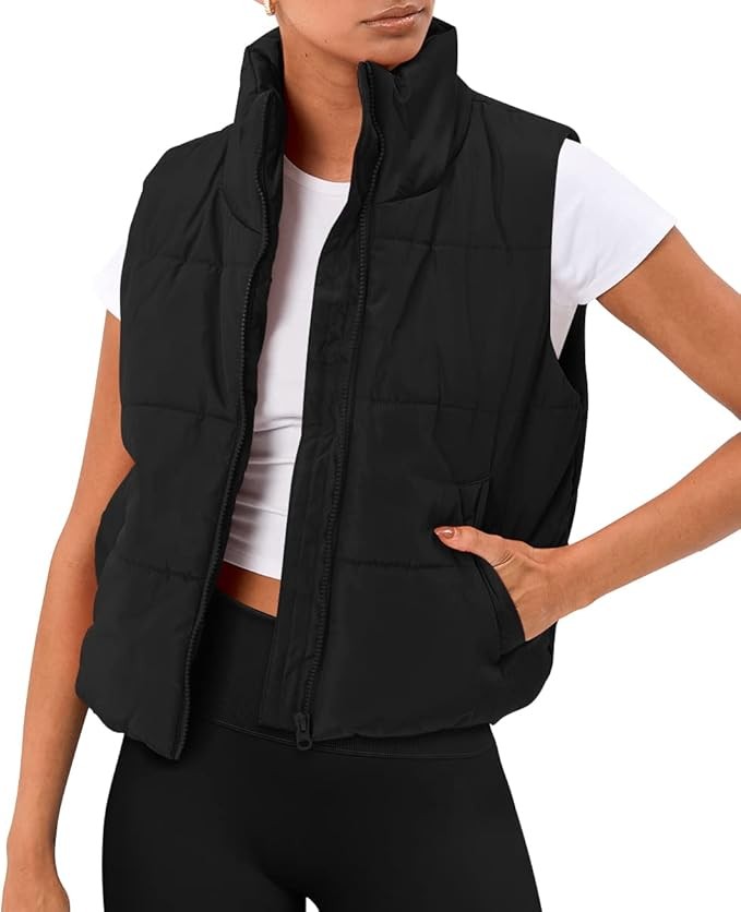 AUTOMET Puffer Vest Women Sleeveless Winter Cropped Outerwear Warm Puffy Lightweight Stand-up Collar Down with Pockets