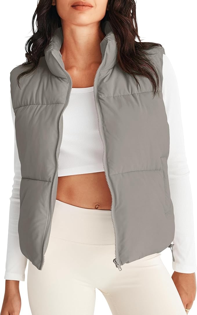 AUTOMET Puffer Vest Women Sleeveless Winter Cropped Outerwear Warm Puffy Lightweight Stand-up Collar Down with Pockets