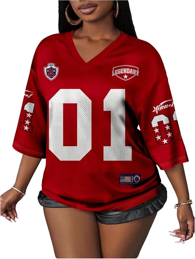 Women's Number Graphic Mesh Jersey Shirt V Neck 3/4 Sleeve Football Tee Tops Sportswear