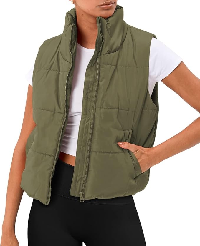 AUTOMET Puffer Vest Women Sleeveless Winter Cropped Outerwear Warm Puffy Lightweight Stand-up Collar Down with Pockets