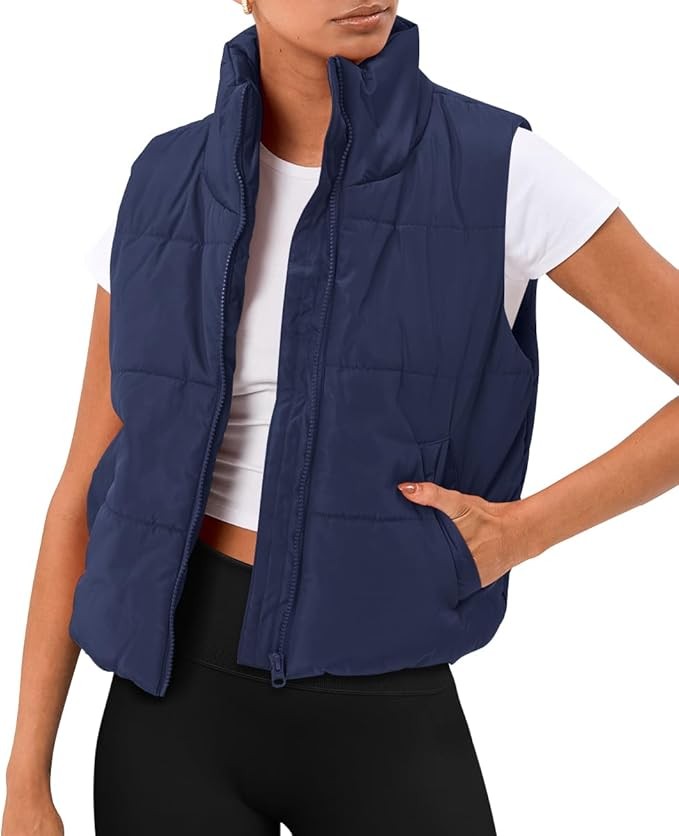 AUTOMET Puffer Vest Women Sleeveless Winter Cropped Outerwear Warm Puffy Lightweight Stand-up Collar Down with Pockets