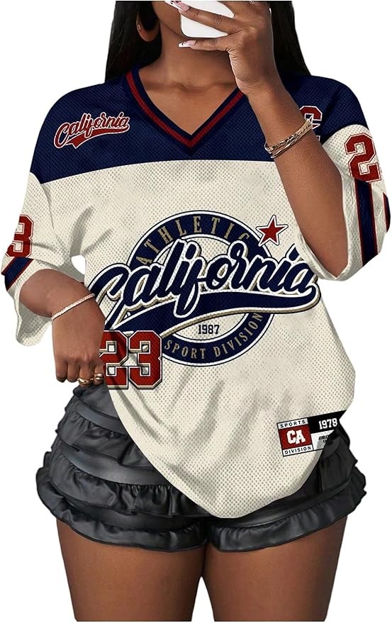 Women's Number Graphic Mesh Jersey Shirt V Neck 3/4 Sleeve Football Tee Tops Sportswear